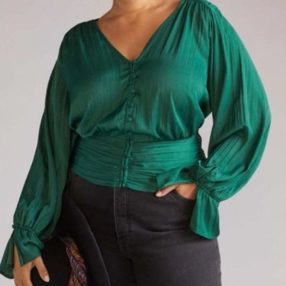Anthropologie size X-Large emerald green satin button vneck blouse long sleeve